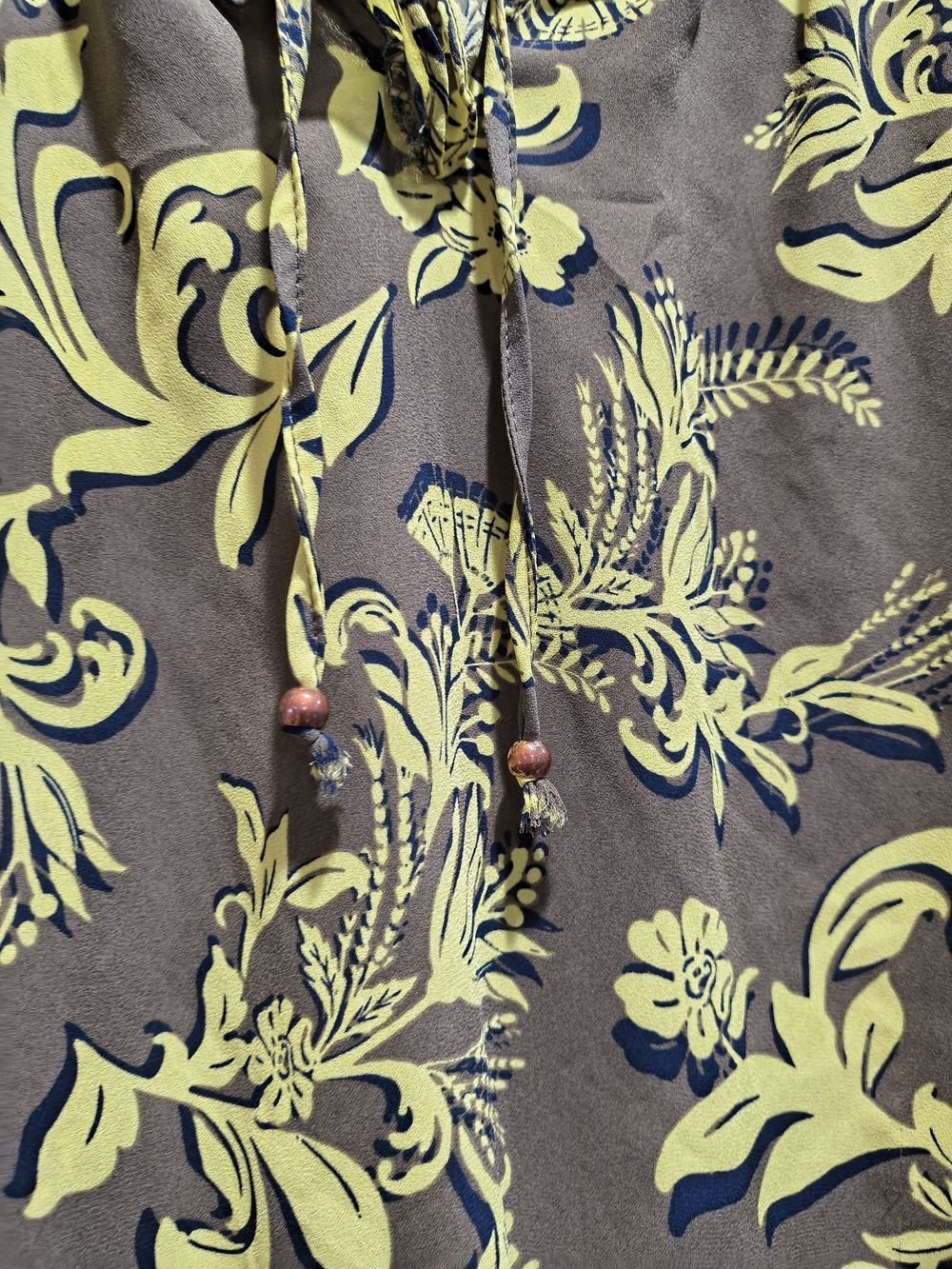 Liz Claiborne Yellowish Tone and Olive Floral Tie-Neck Blouse